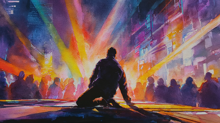 A tired worship leader kneels on stage